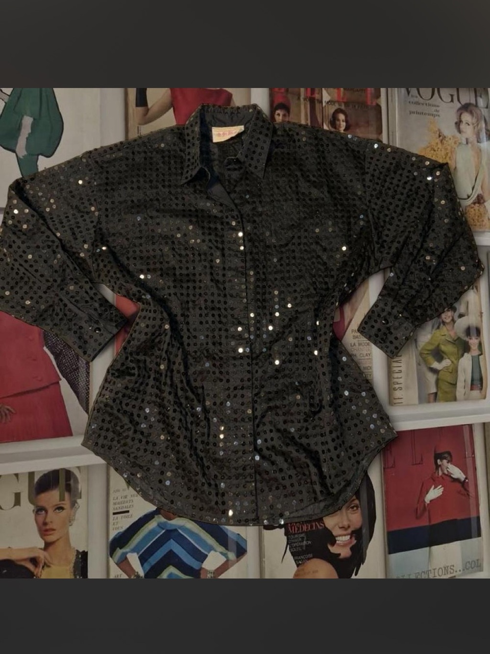 Vintage 90s Y2K Disco “As You Like It” Black sequin 100% Cotton Button Up